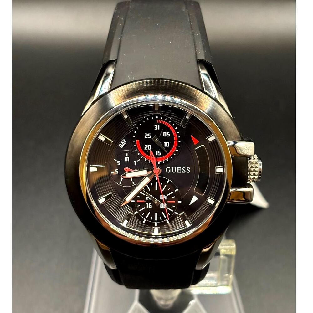 GUESS Waterpro U10575G1 Men’s 45mm Multifunction Black Silicone Watch NWT